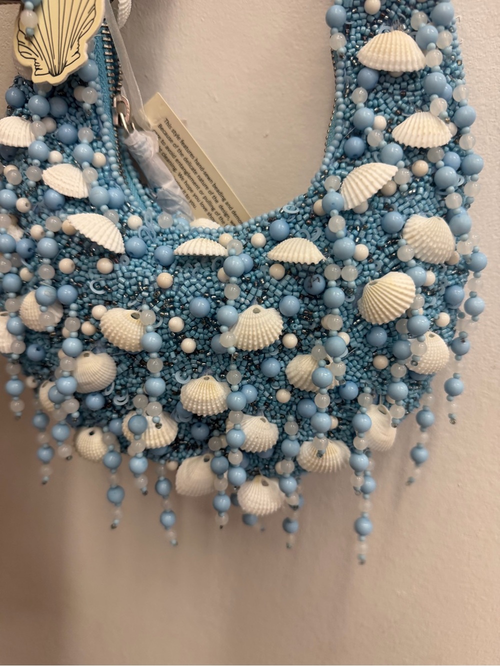 Beaded Shell Accent Mini Bag in Light Blue & White